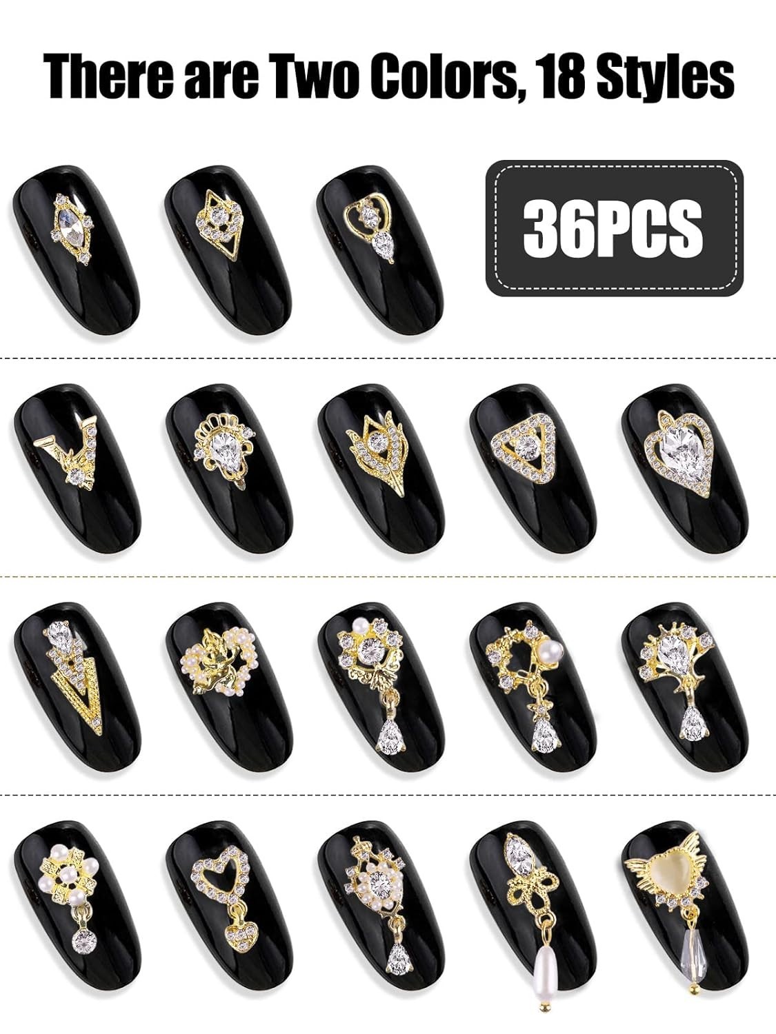 36 Pcs Versatile Nail Charms – Gold & Silver Rhinestones for Every Craft