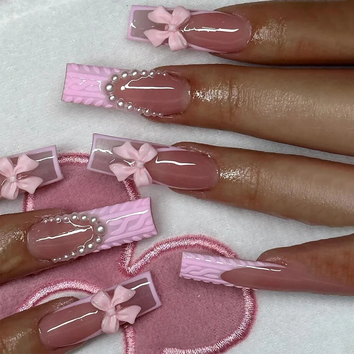 24Pcs Extra Long Square Fake Nail with Glue 3D Little Bear Bow Design False Nail
