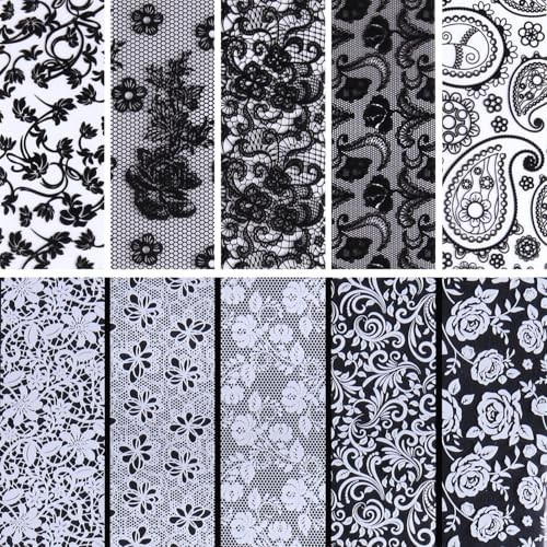 10 Rolls Lace Nail Foil Transfer Sheets Black White Flower Holographic Decals