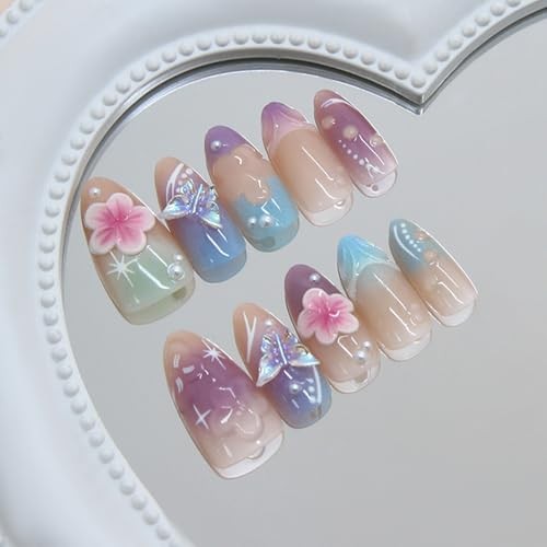 30Pcs Pink Flower Press on Nails Medium Almond Spring Summer Flower Nails-1