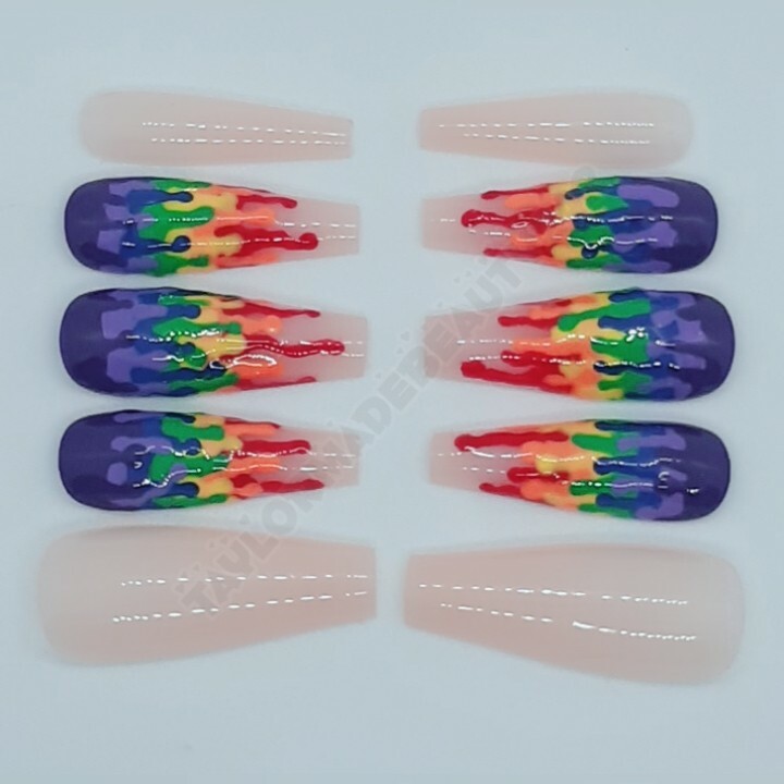 Rainbow Paint Drip Nude Vibrant Multicolor Coffin Press on Nails Set of 10