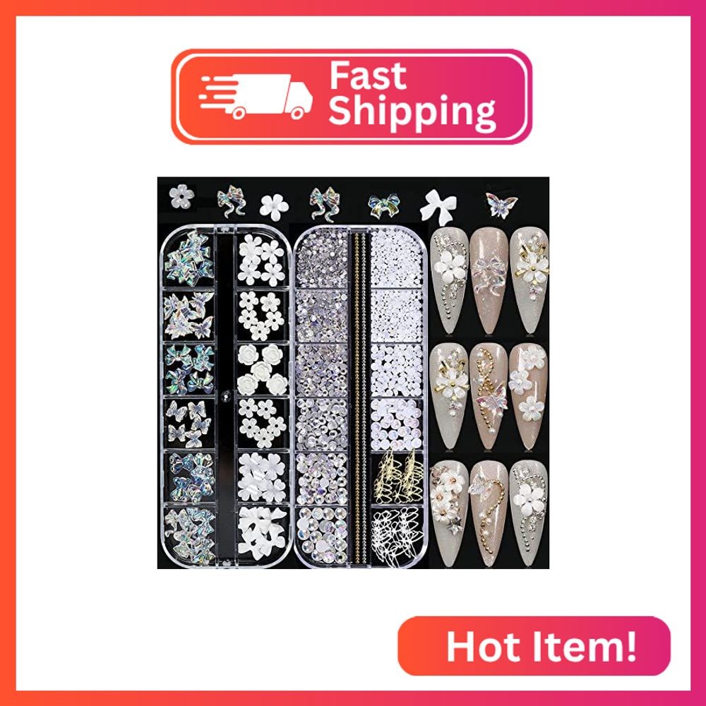 2Boxes Nail Art Charms, White Butterfly Flower Rhinestones Gems for Nails