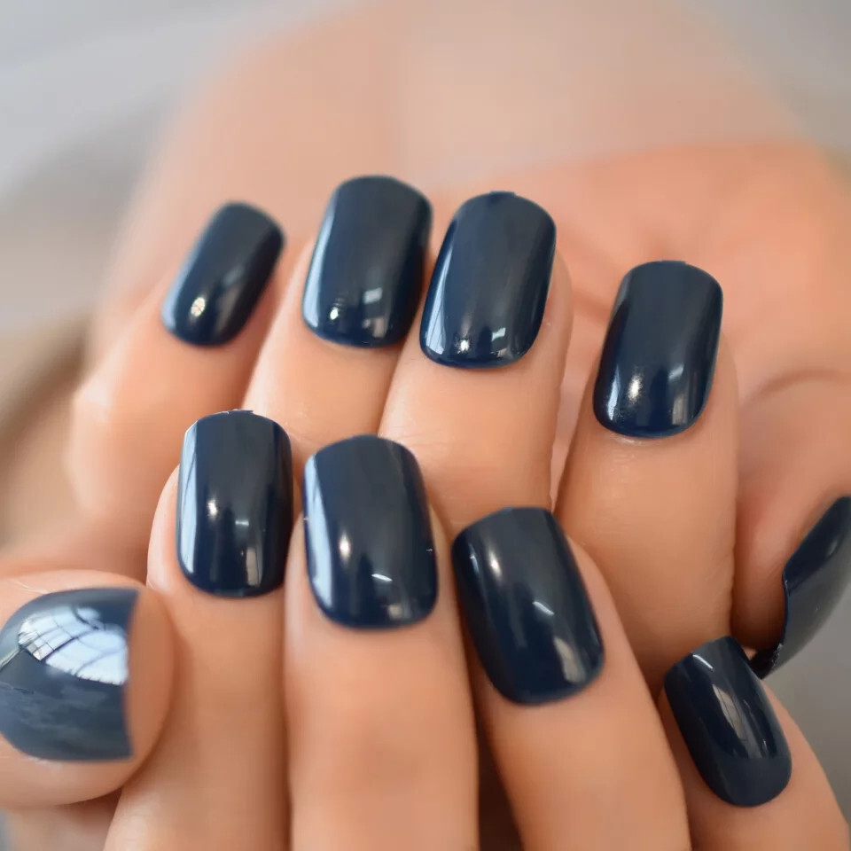 24 Short Press on nail kit w/ glue Dark Blue Navy Gel glossy