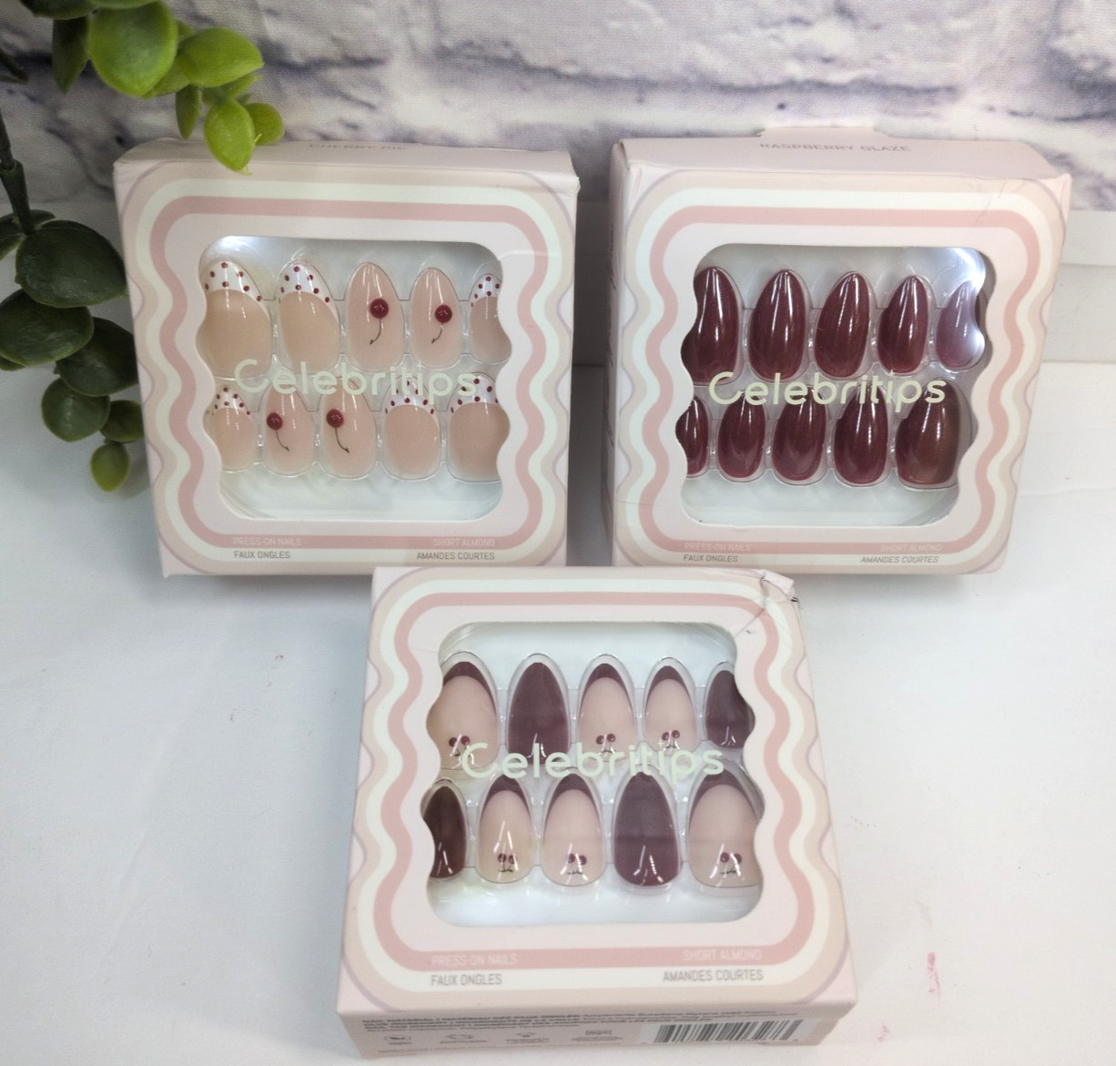 NIB LOT 3 SHORT ALMOND🥰Celebritips Press On Nails Set Burgundy Raspberry Cherry