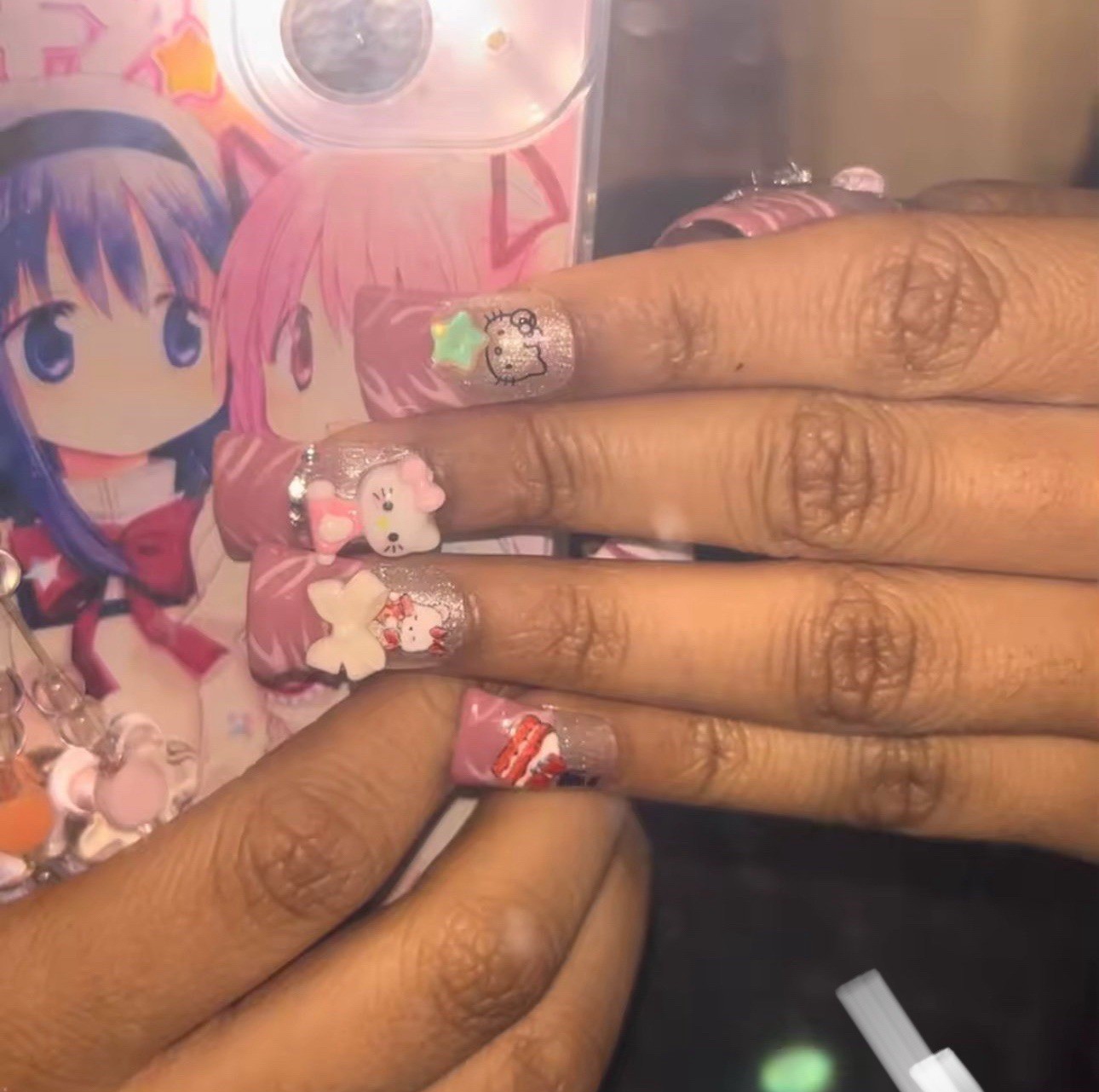 Handmade Junk Duckbill Press on Nails 10Pcs HelloKitty Cute Short False Nails