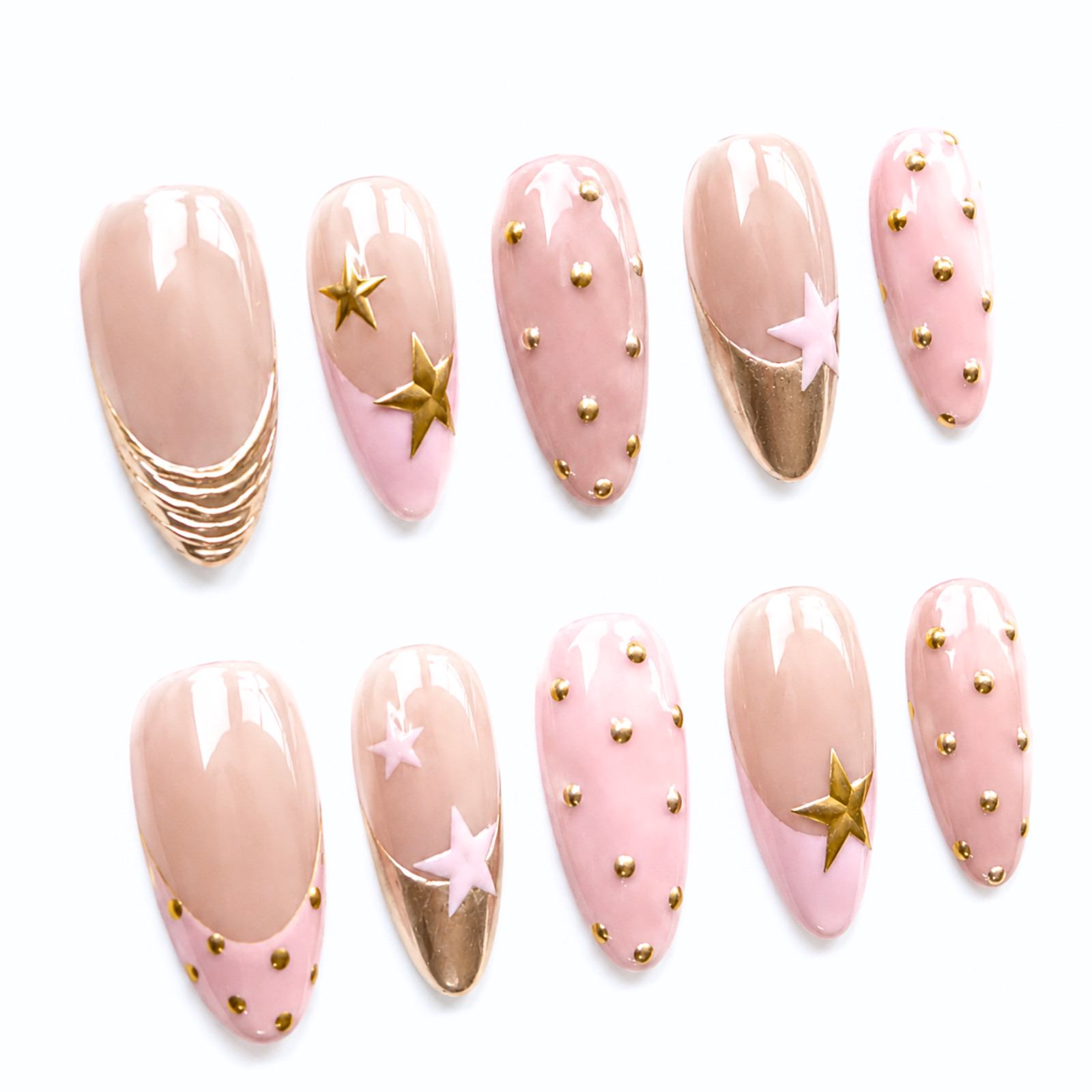 Handmade Nude Pink Gold Star Press On Nails Celestial Custom Set