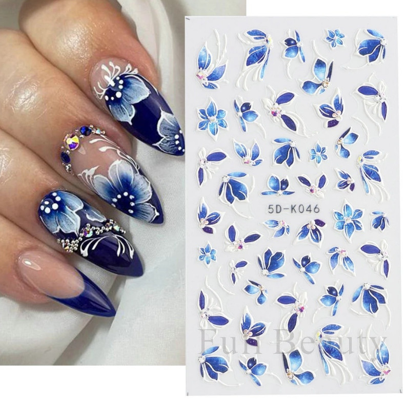 5D Blue Purple Lace Butterfly Flowers Nails Art Stickers Embossed Decals NS42