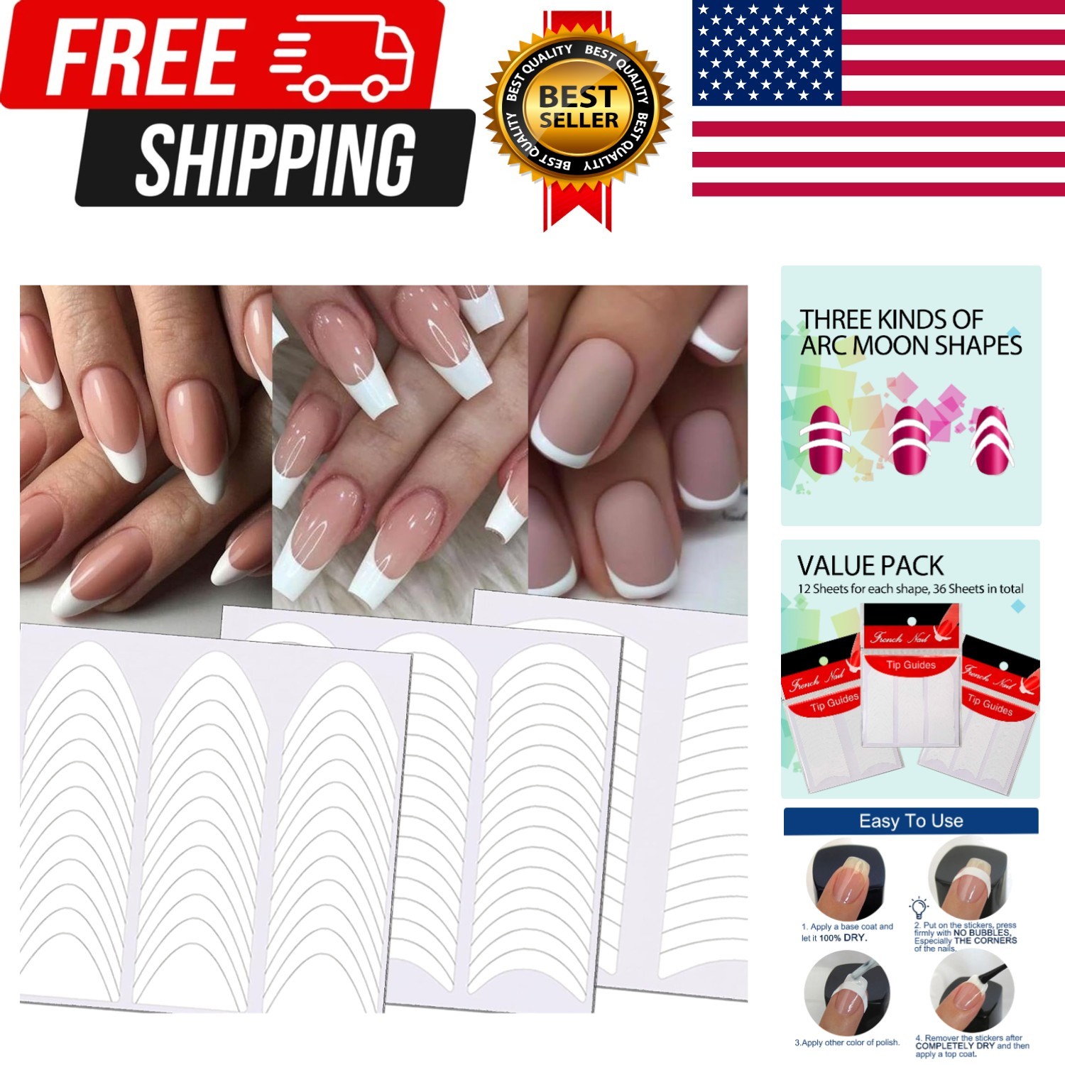 36 Sheets 1368 Pieces French Manicure Nail Art Stickers, 3 Designs Self-Adhes…