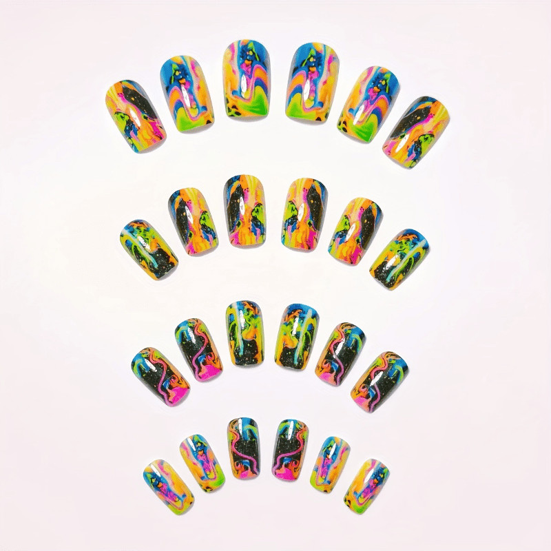 48Pcs-Black Base Square Press on Nails Neon Swirl Marble Glitter Trend Fake Nail