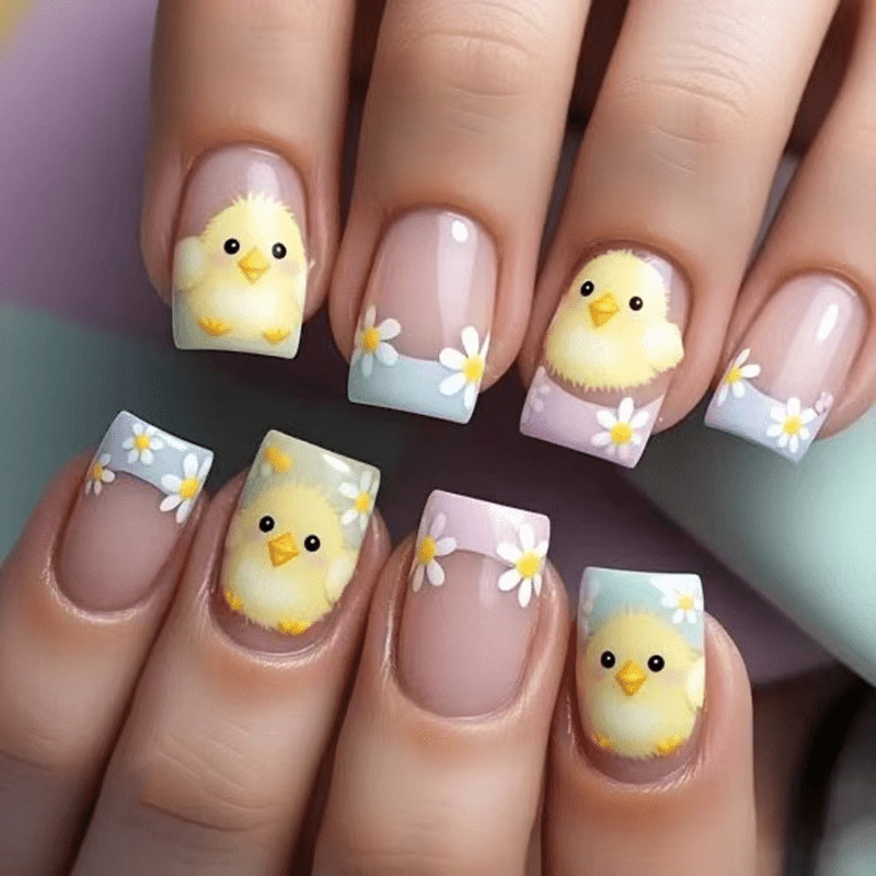 48 Pcs Cute Chick Daisy Press on Nails, Short Square French Lovely Fake Nails