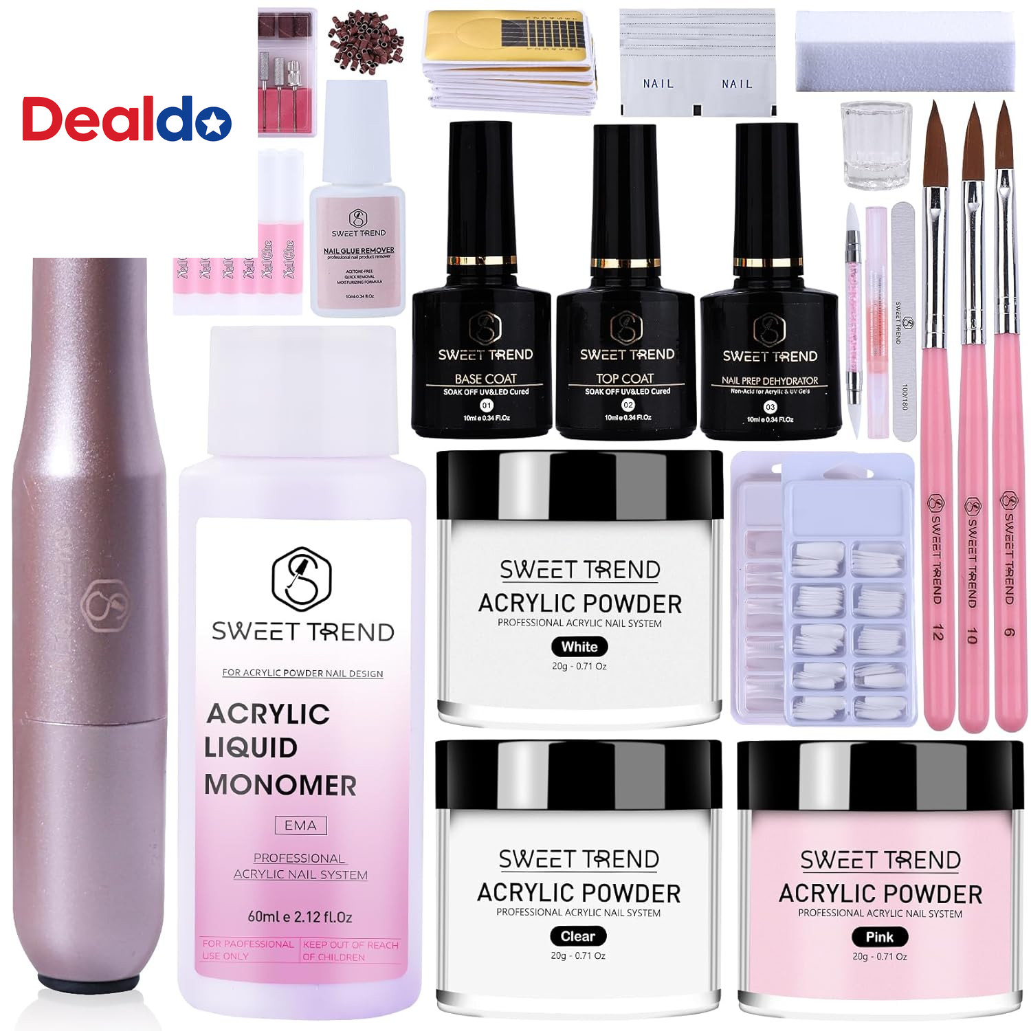 Acrylic Nail Kit with Drill: 20G Clear White Pink Acrylic Powder and Liquid Begi