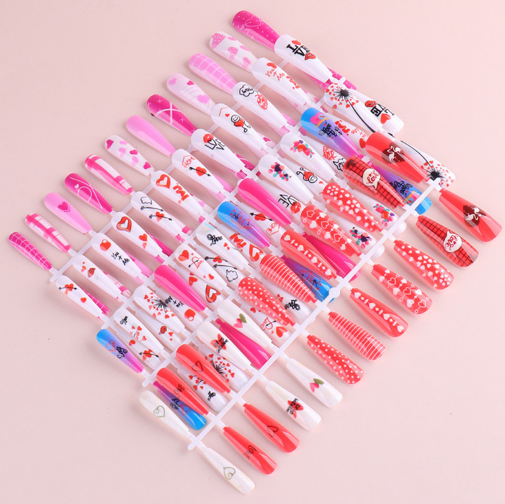24PcsFake Nails Kit Set Love Valentine Nails Stiletto Ballerina Manicure Acrylic