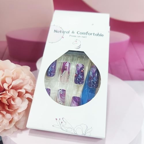Purple Curve Line Press on Nails Glossy Red Gradient Stick on Purple Starry Sky