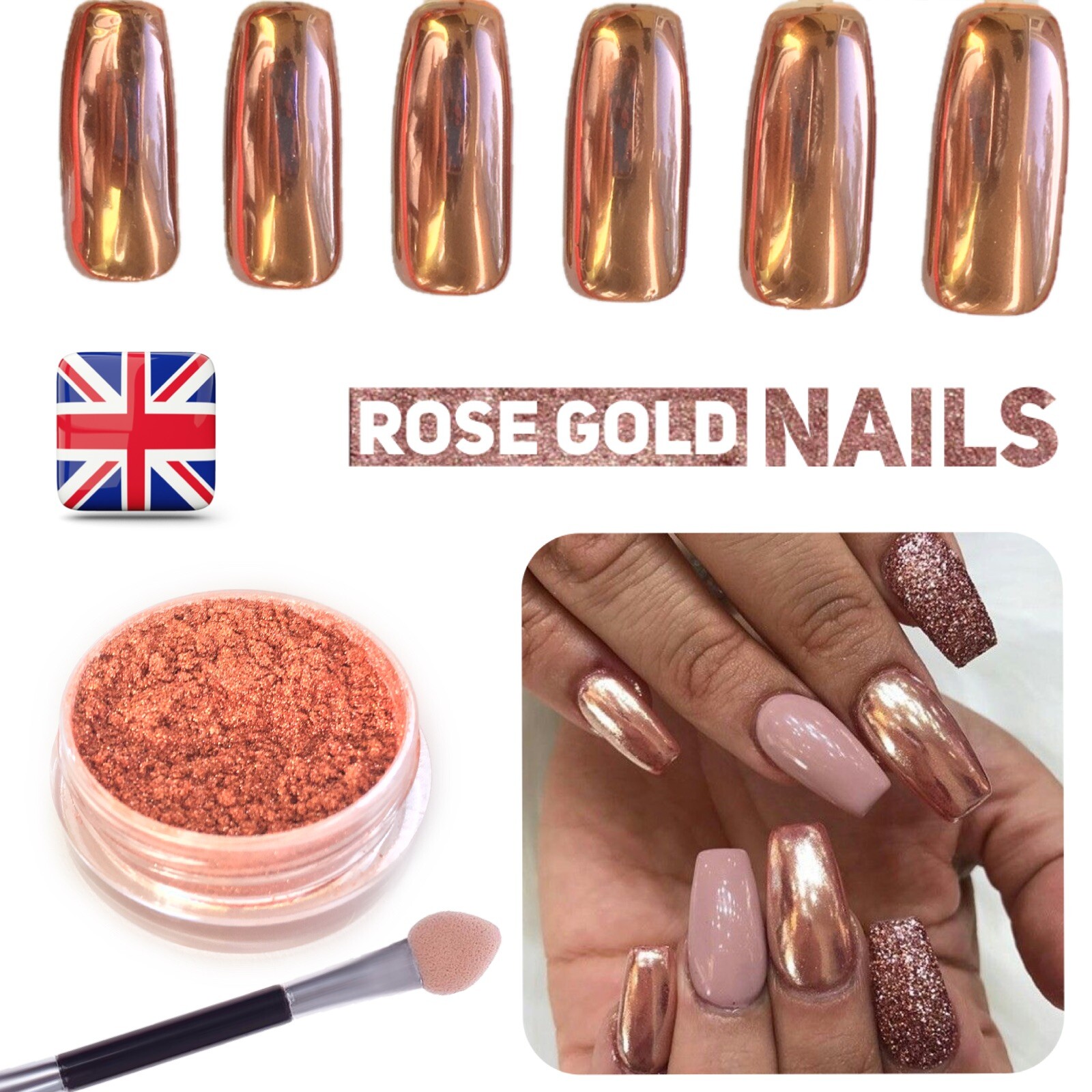 New ROSE GOLD NAILS POWDER Mirror Chrome Effect Pigment Nail Art UK SELLER (u)