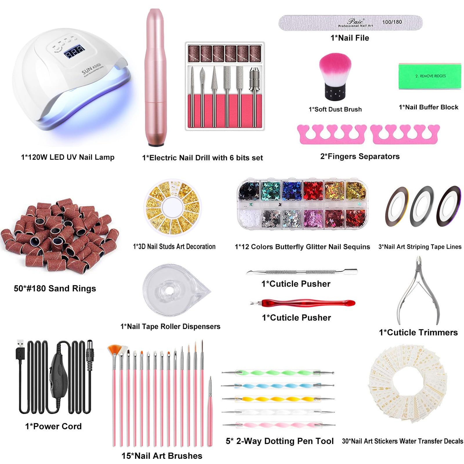 116 Pcs Portable Electric Nail Drill Kit With 120W UV LED Lamp Manicure Pedicure