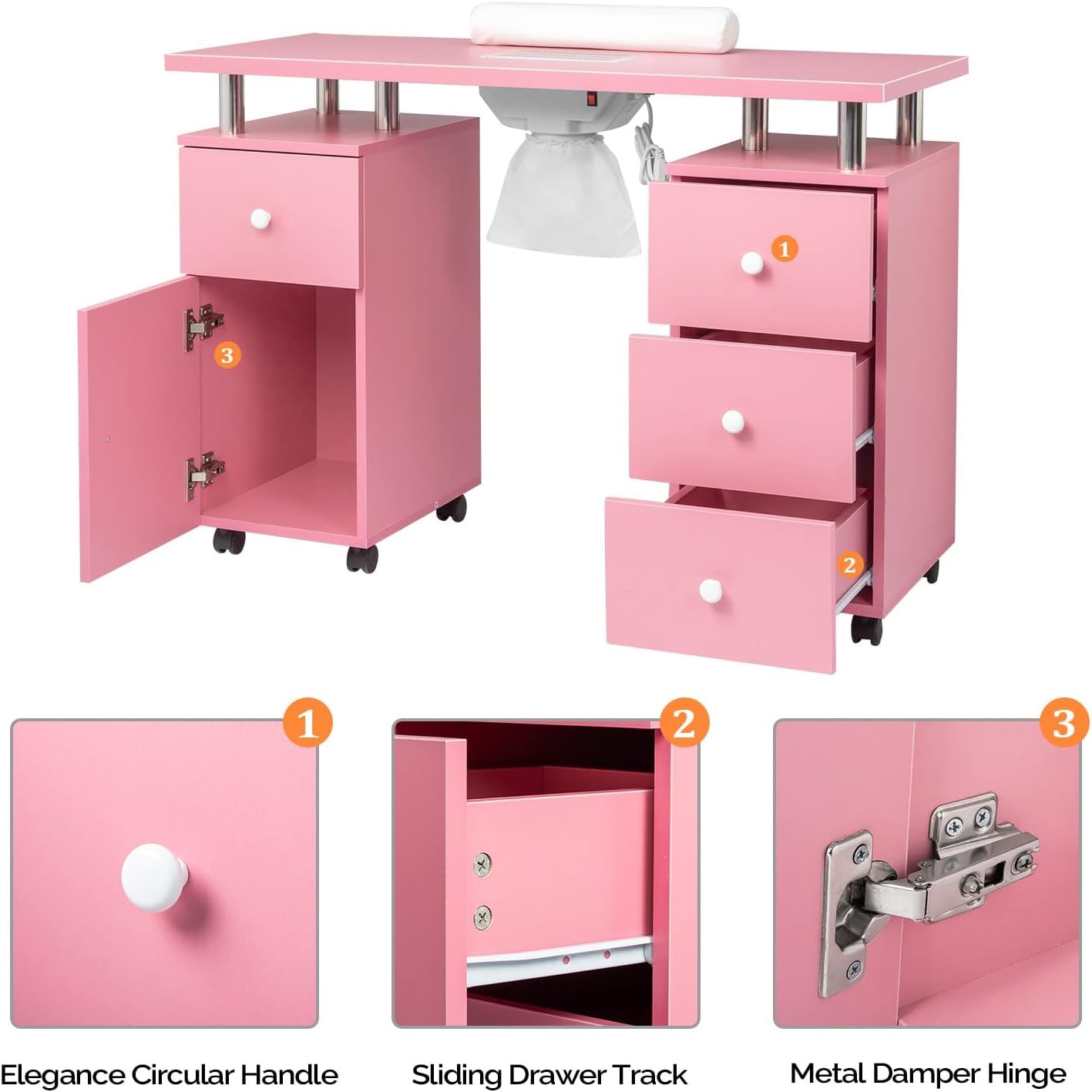 Manicure Table Nail Technician Desk Workstation w/Dust Collector, Drawers,Wheels