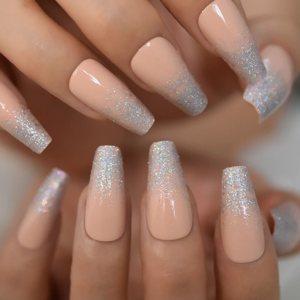 24 Press on nails kit w glue Long peach ombre glitter pale nude