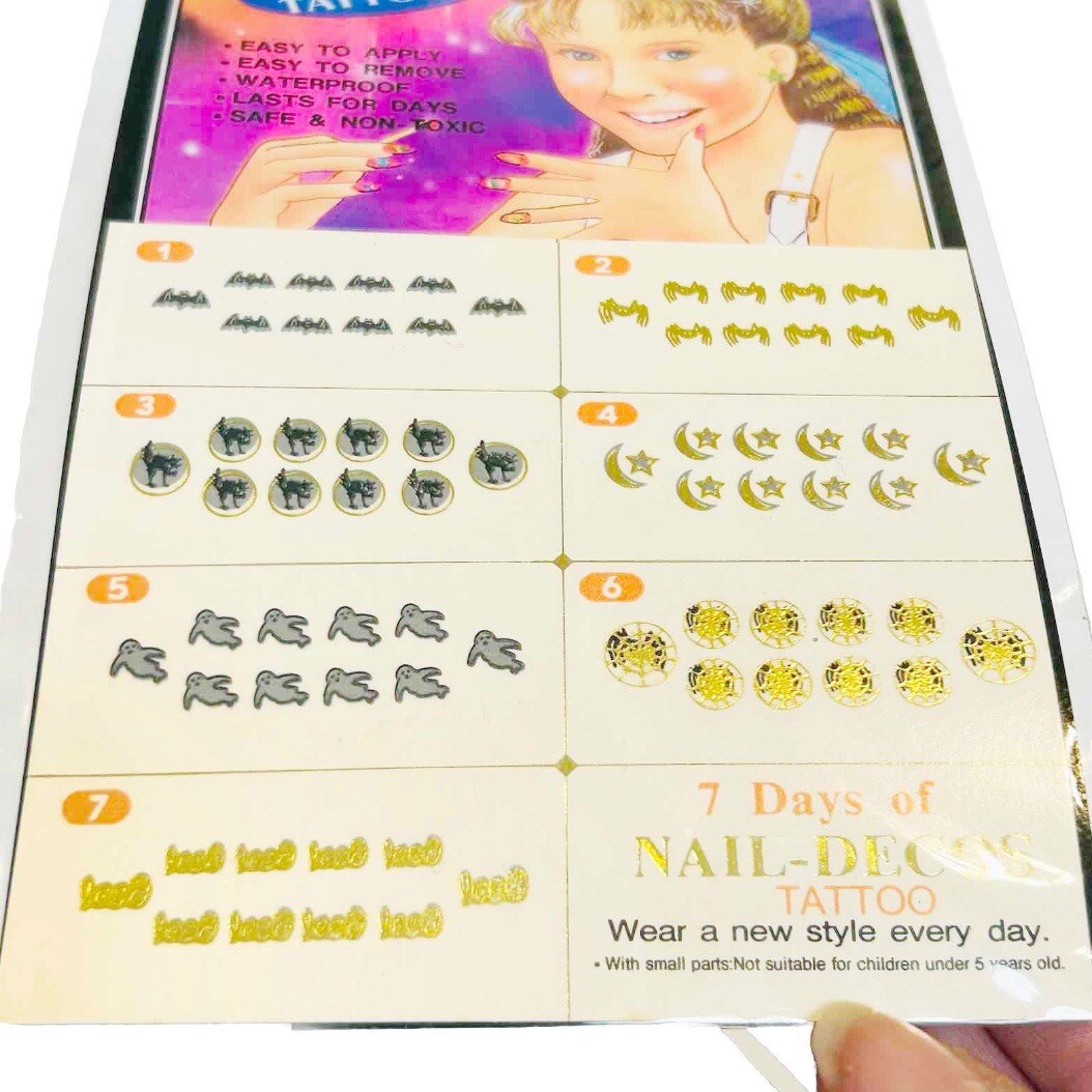 Vintage 90s Y2K Nail Decos Nail Art Tattoos Halloween Black Gold Cats Bats Moon