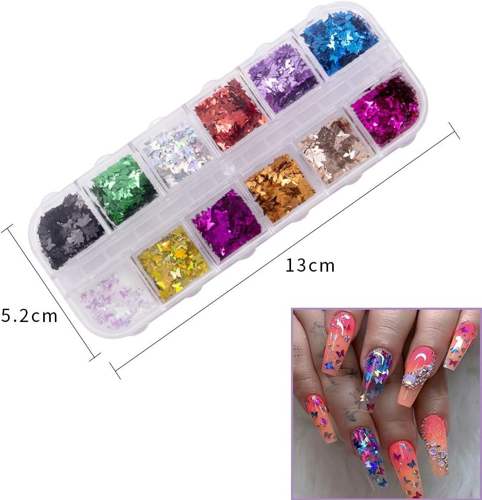 24 Color/Set 3D Butterfly Nail Glitter Sequins, Laser Butterfly Nail Sequin Fla