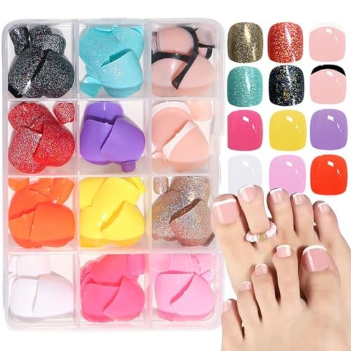 288 Pcs Short French Tip Press on Toenails, 12 Colors Square Normal Style07