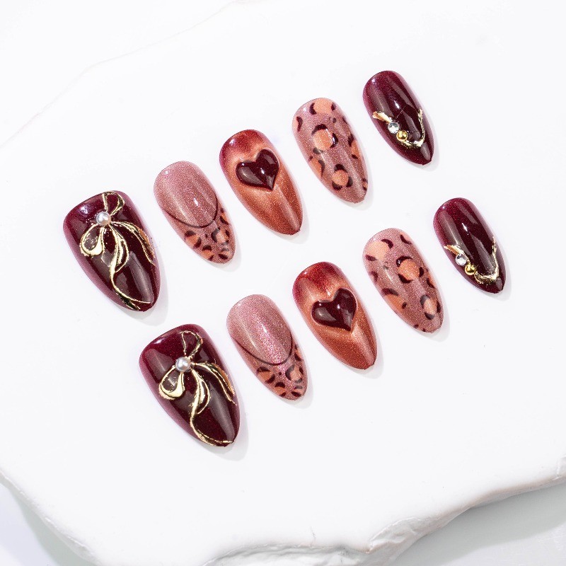48pcs-Press on Nails Burgundy Cat Eye Leopard Print Heart Almond Nail Art Set