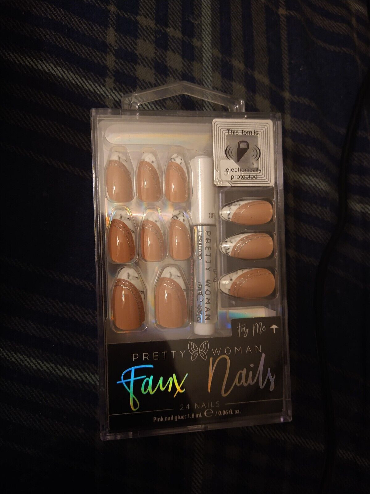 Pretty Woman Faux Nails Glue On Medium Length Almond Shape Pink & Blue 24Ct, S45
