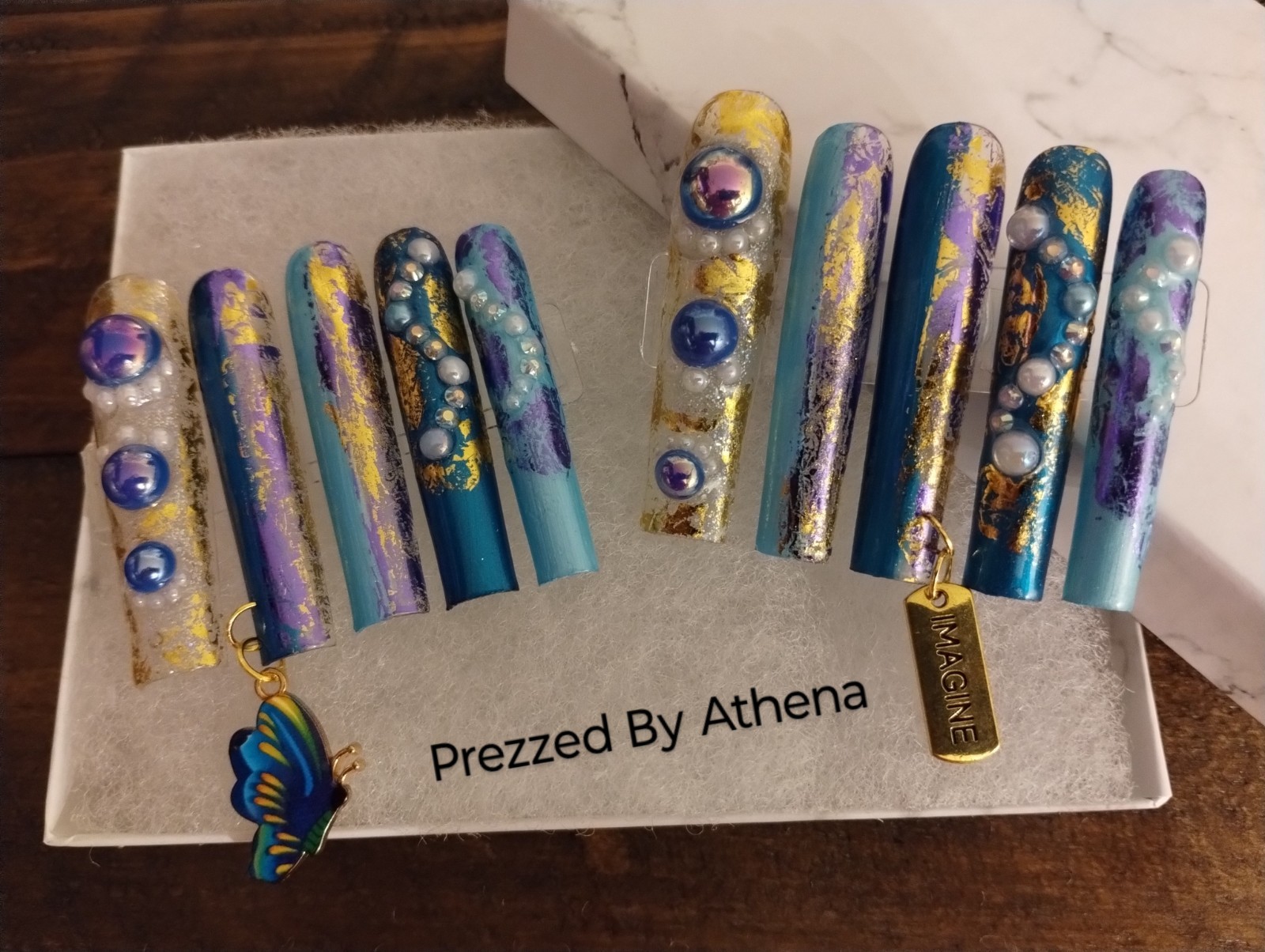 Luxury Handmade Press-On Nails I Reusable I Butterfly Blues I Square Shape l 3XL