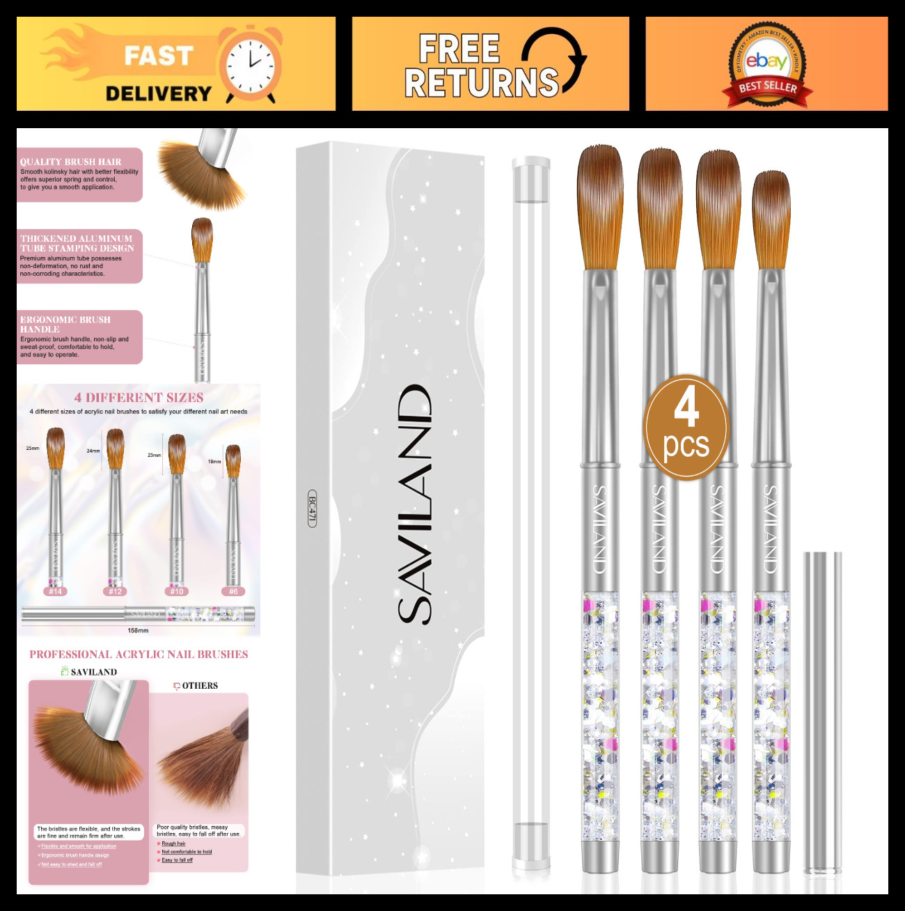 Professional Acrylic Nail Brush Set – Sizes 6, 10, 12, 14 for DIY & Salon Use, 3