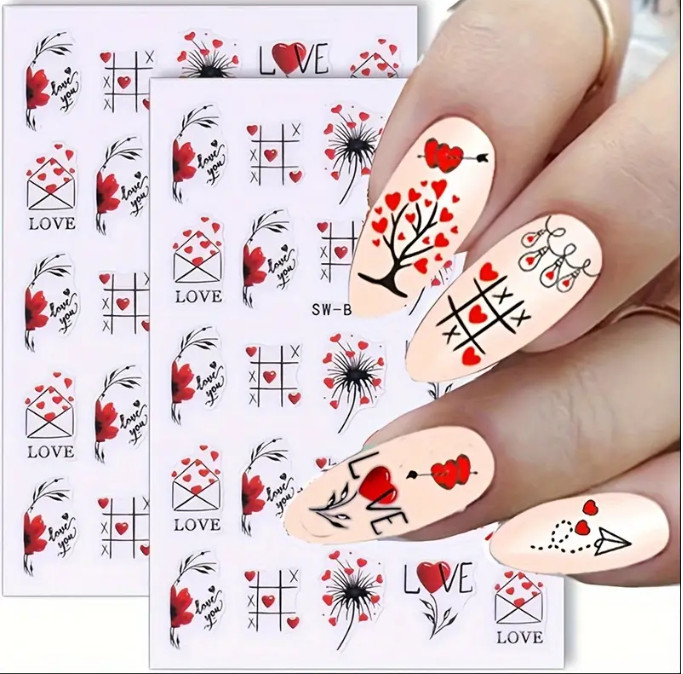 3Pcs Nail Art Sticker Heart Valentine Decals Manicure DIY Peel & Stick NH6