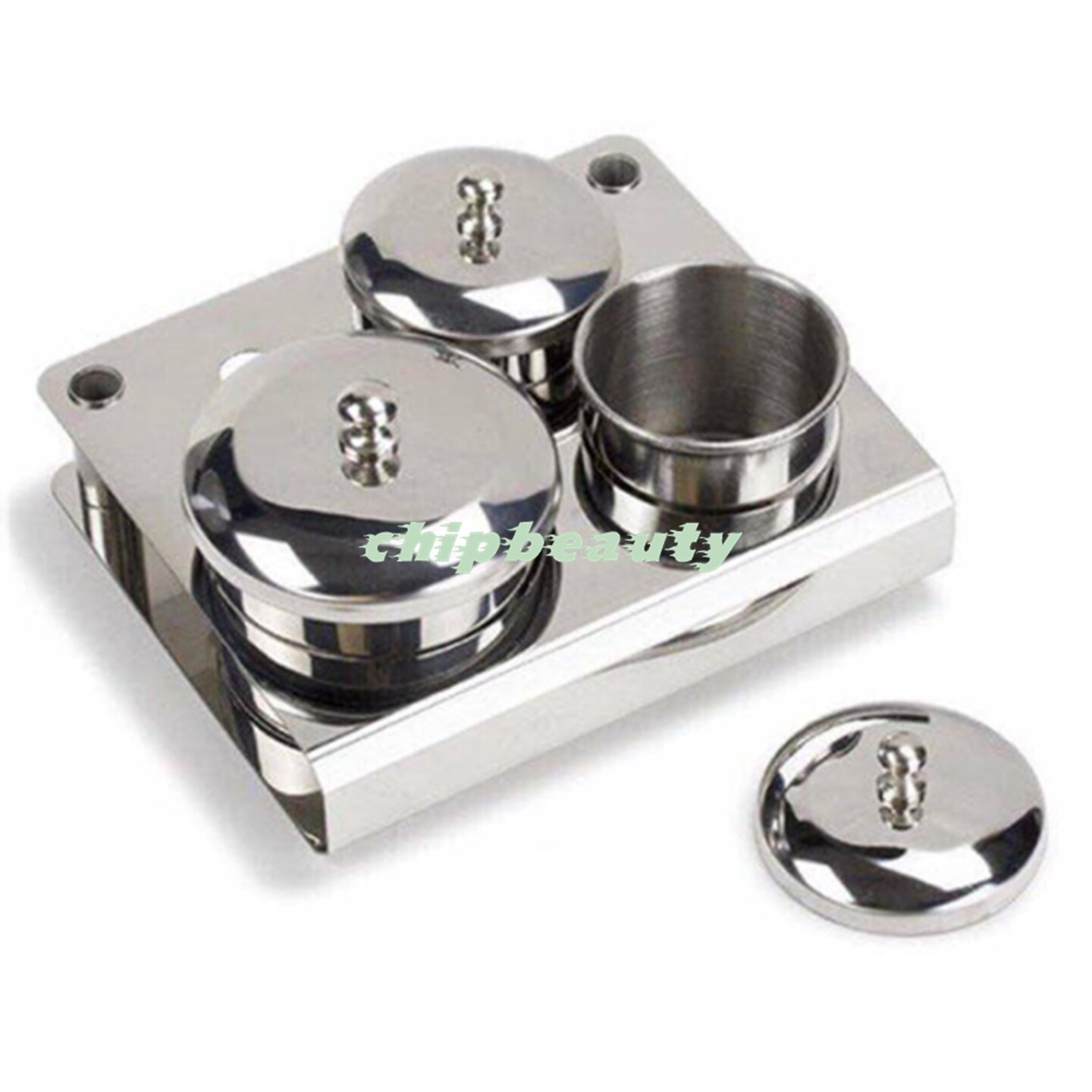 Stainless Steel Acrylic Nail Liquid Jar Set Tool 3 Cups with Lid and Tray Holder