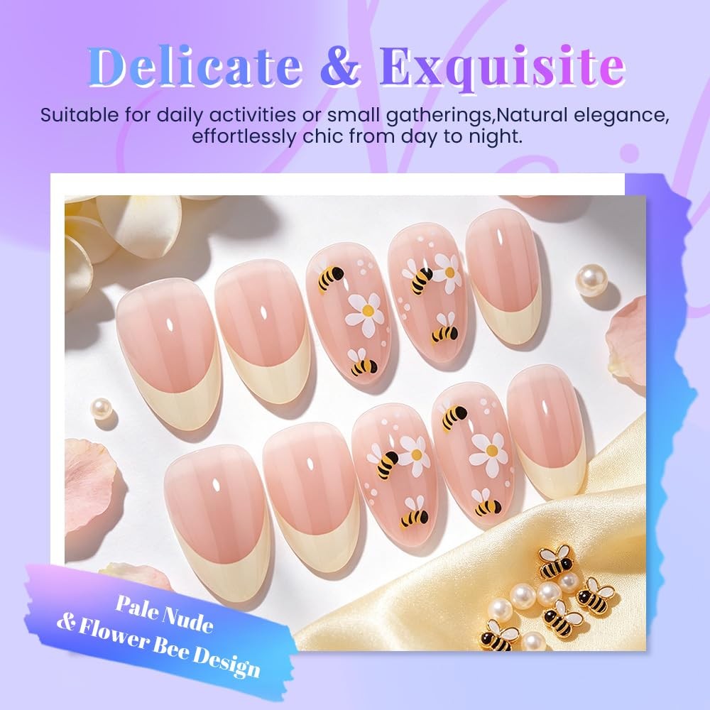 evpct Pale Nude Press on Nails Short Almond with Flower Bee Design, French Ye…