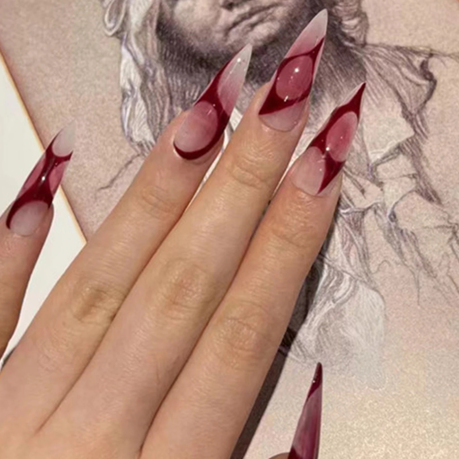 24pcs Red Blush Goth Long Stiletto Press On Nails