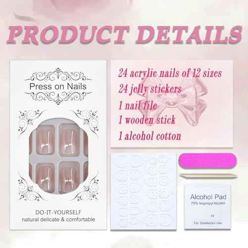 Chrome Press on Nails Short Square White Gradient Fake Nails Nude Pink S26