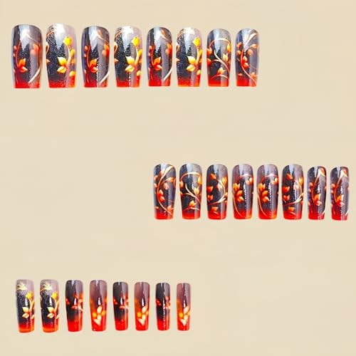 Flower Press on Nails Long Length French Fake Nails Full Cover Flower French