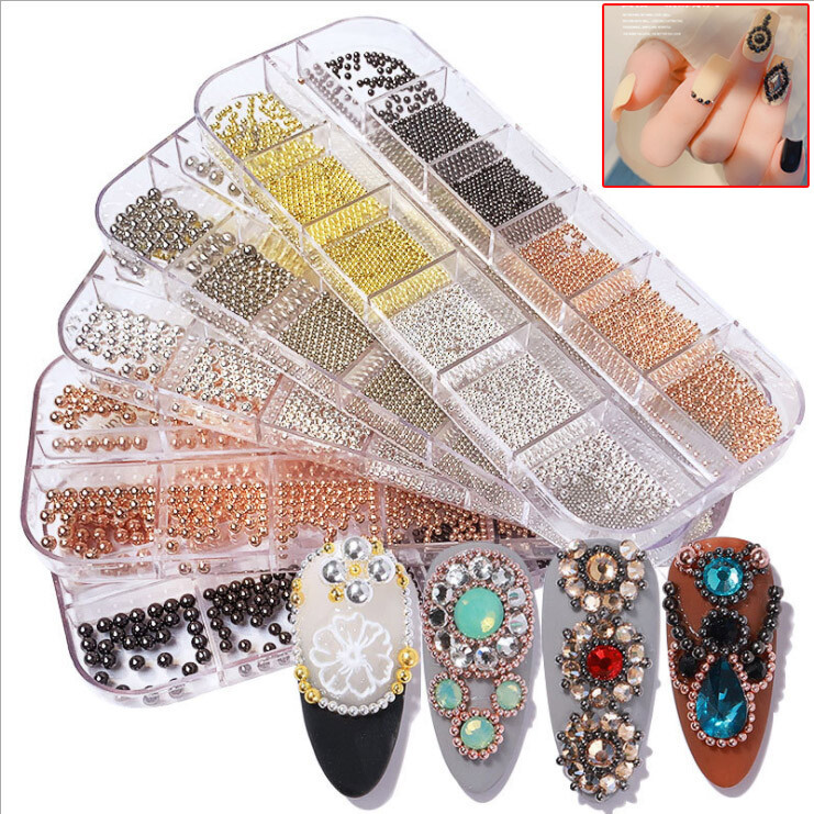 12 Grids Nail Art Mini Metal Caviar Beads 1.0-3.0mm Steel Beads 3D Design DIY