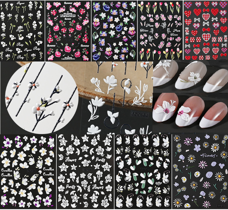 5D Embossed White Tulip Camellia Flower Leaf Nail Stickers Manicure Slider NS53