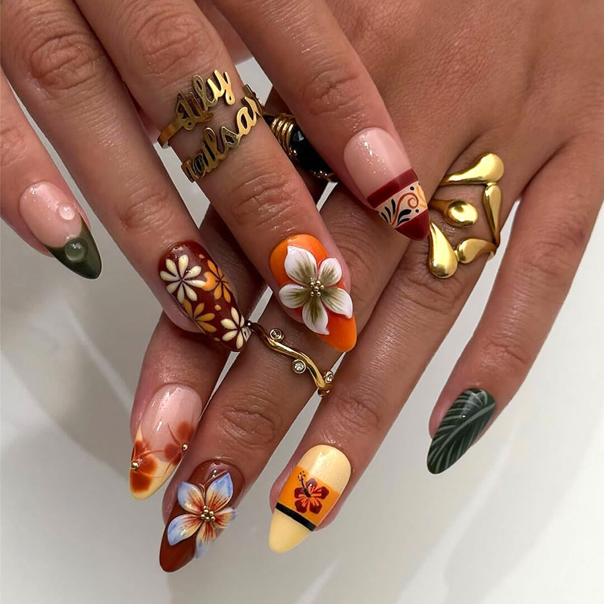 Almond Press on Nails 3D Floral Fake Dark Brown False Artificial Stick on Nails