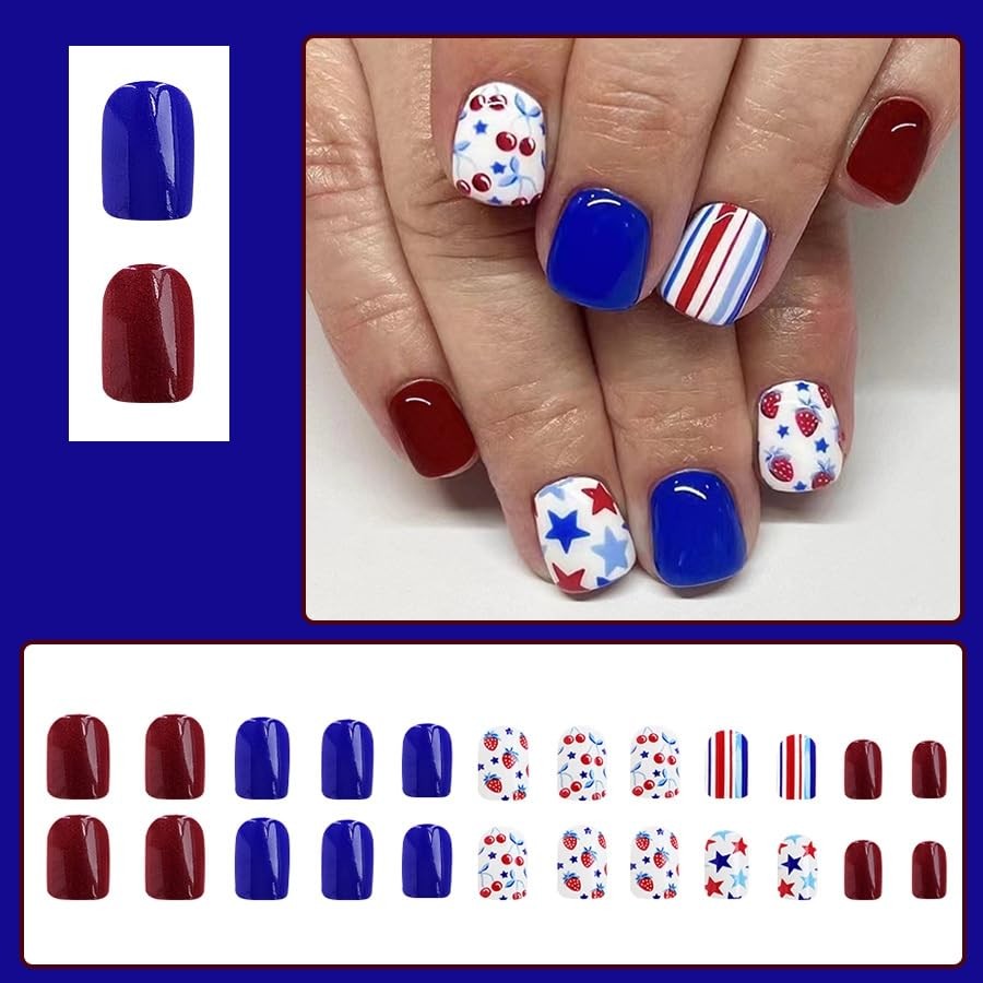 24Pcs 4th of July Press on Nails – Blue Red Short Square Acrylic False Style11