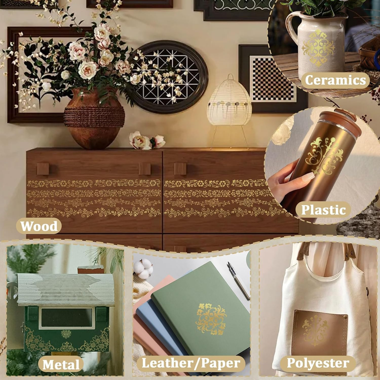 8 Sheets Gilding Lace Rub On Transfer Sticker, Gold Foil Stamping Stickers Gold