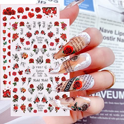6 Sheets Flower Nail Art Stickers 3D Blue Pink Red Rose Nail Decals Spring