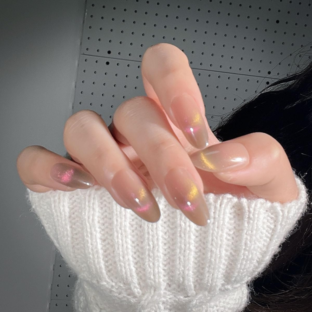 Cat Eye Gold Press on Nails Almond Short, Gold Metal Short Almond Soft Gel Press
