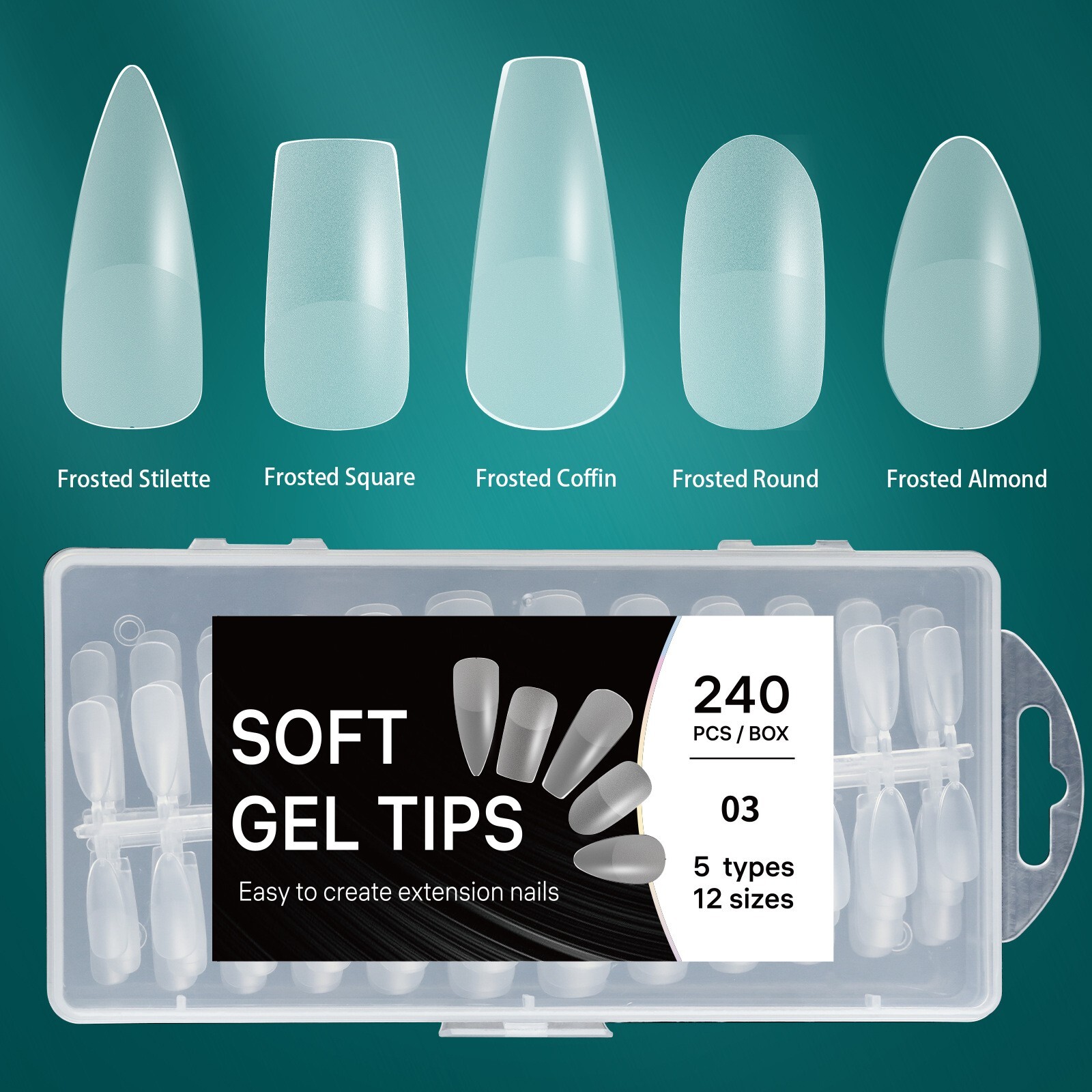 240pcs Nail Plate False Nail Tips 5 Mix Shapes Set Stiletto/Square/Coffin/Almond