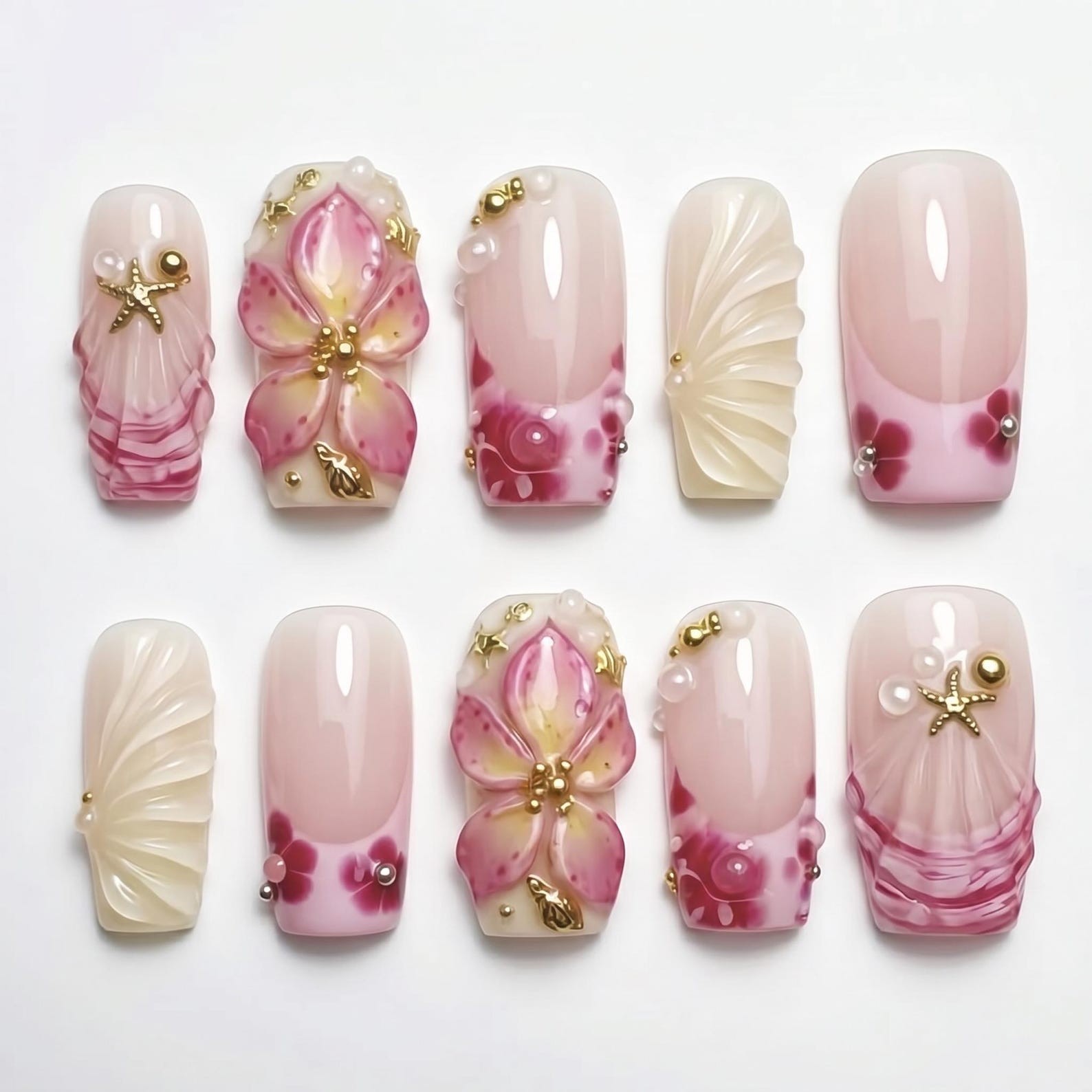 Handmade Pink 3D Flower Shell Starfish Pearl Medium Square Press on Nails