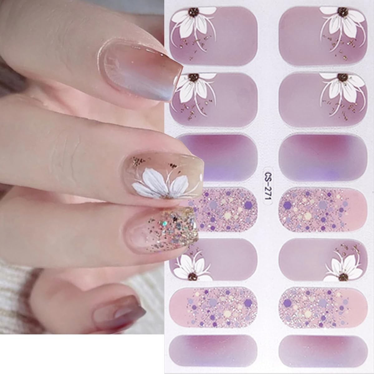 Flower Semi Cured Gel Nail Strips Gradient Gel Nail Sticker Self-Adhesive Ful…