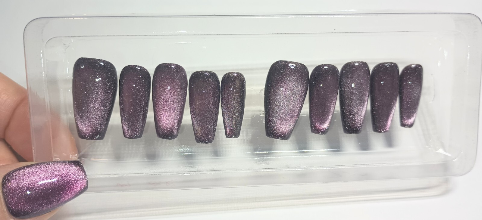 Purple Galaxy Cat Eye Press on Nails Handmade Fake Fingernails Gel Polish