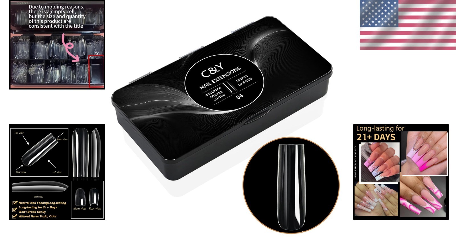 250 Pack XXLong Square Soft Gel Nail Tips – Glossy Finish for Perfect Nails