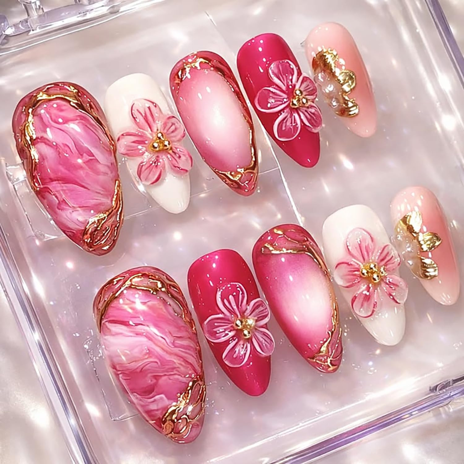 Pink Flower Press on Nails Medium Almond Fake Nails 3D Pearl Gold Bead Design Fl
