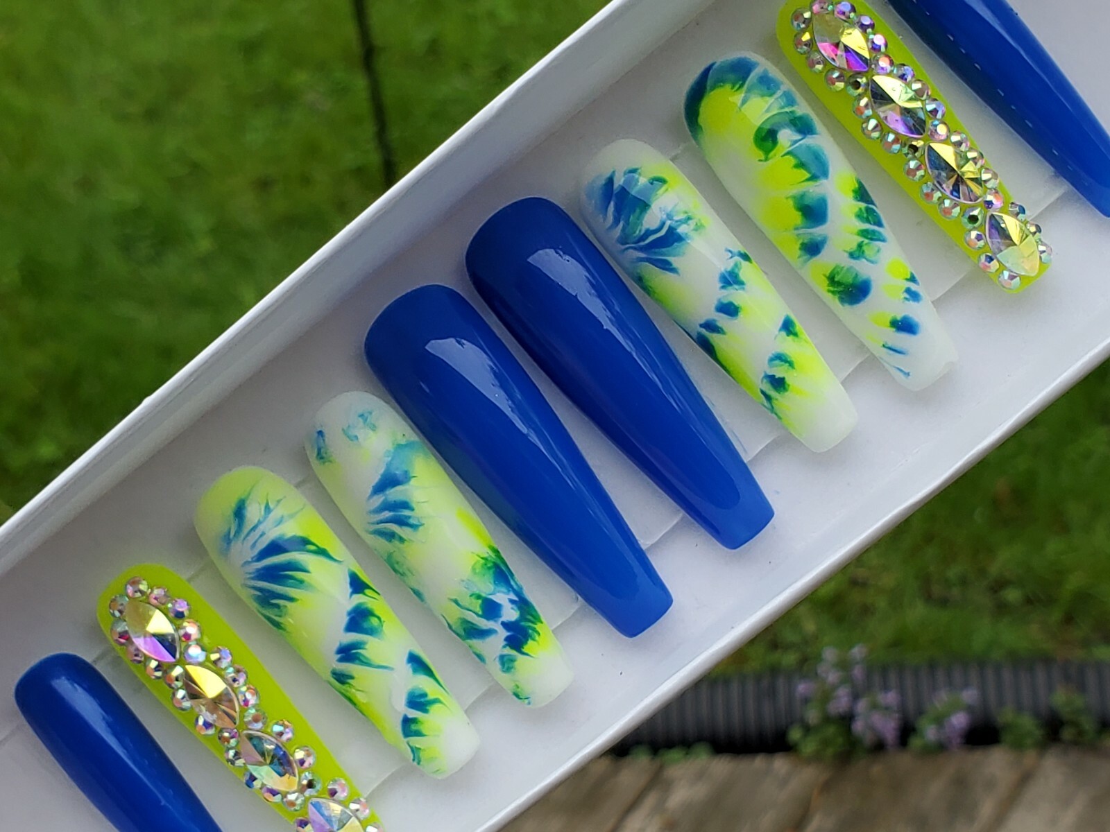 Extra long neon yellow & blue tie dye bling press on nails barbie xl coffin