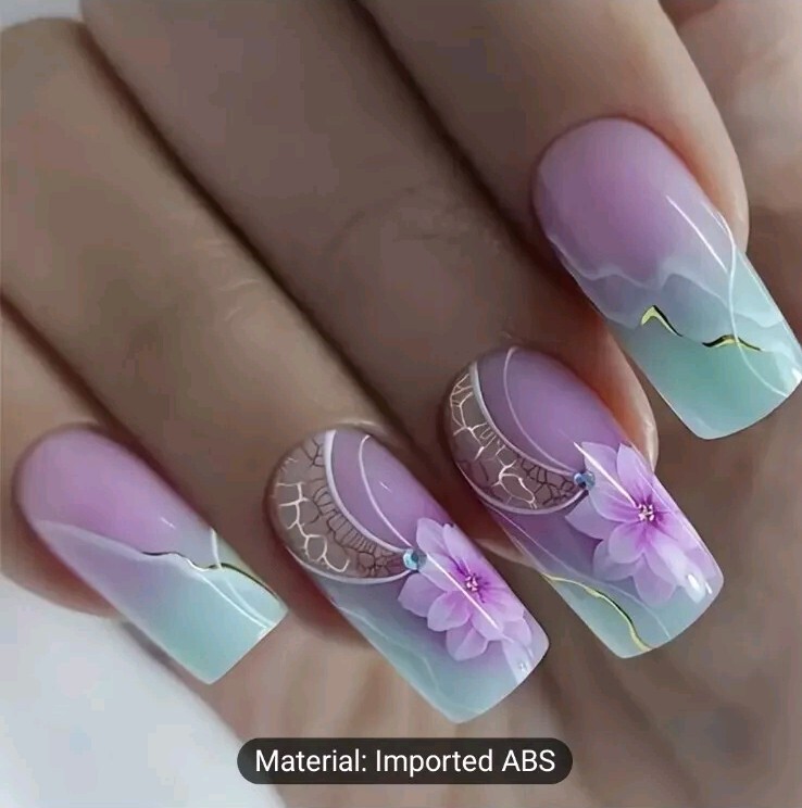 24pcs Set Of Long Square Purple Gradient Press-On Nails With Floral Design