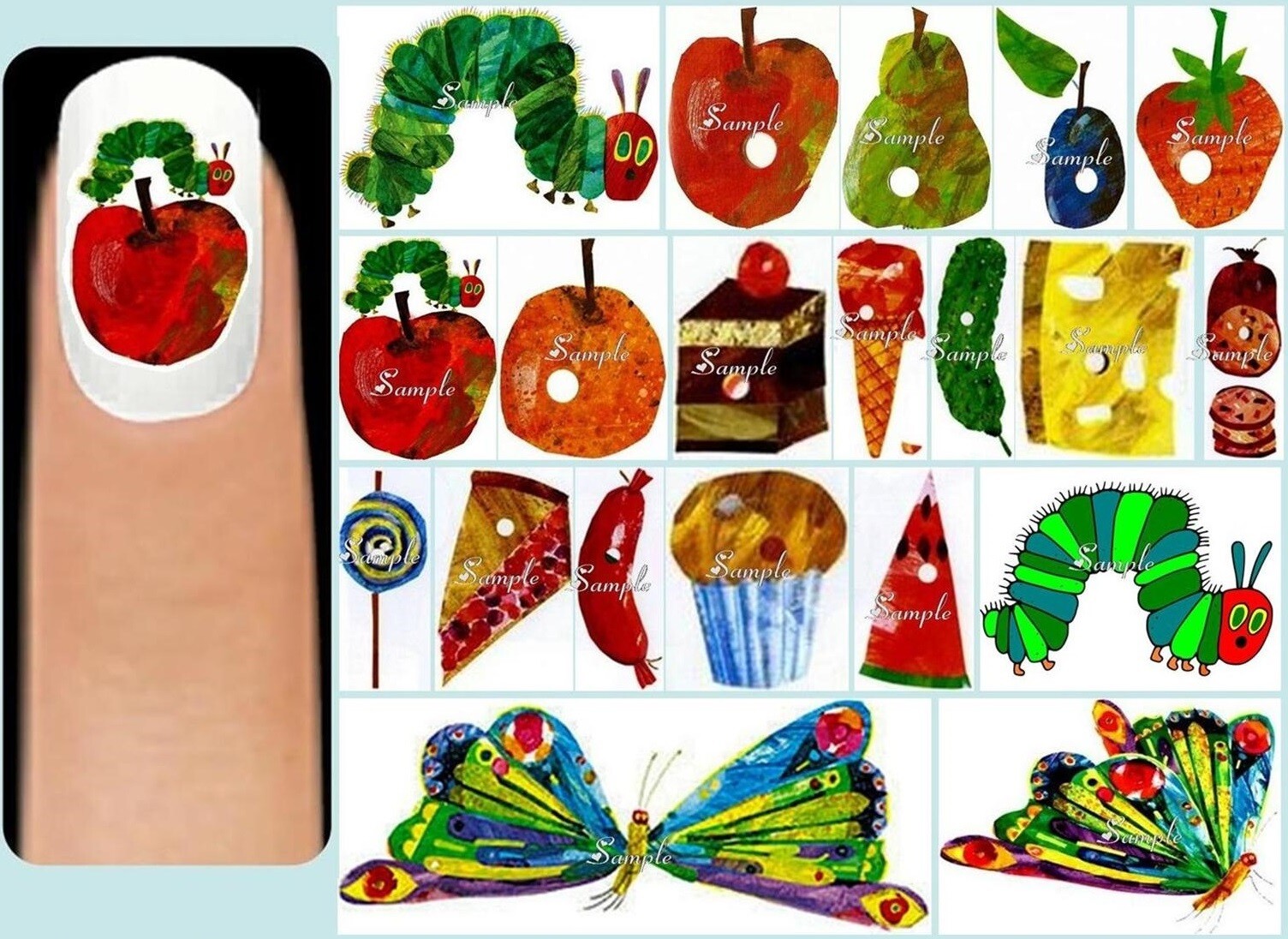 60x The VERY HUNGRY CATERPILLAR Nail Art Decals + Free Gems Butterfly Food Apple